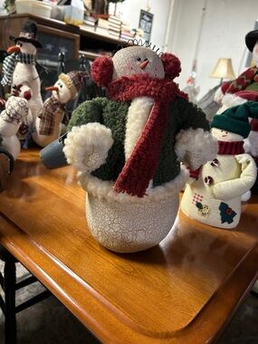 Holiday Snowman Figurine with Red Scarf and Green Coat